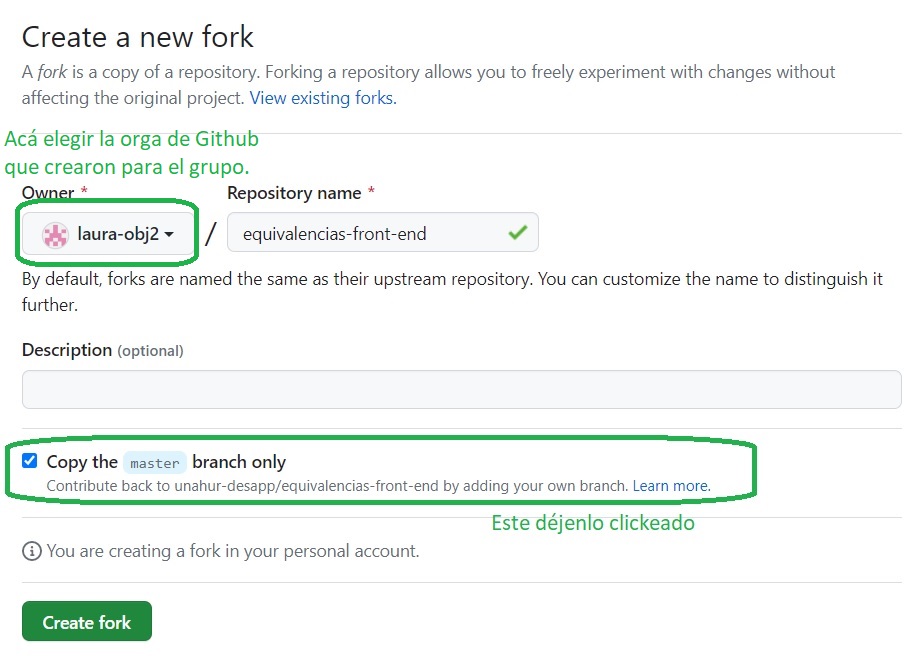 formulario para crear el fork