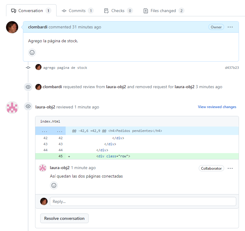 comentario - en la solapa de conversation