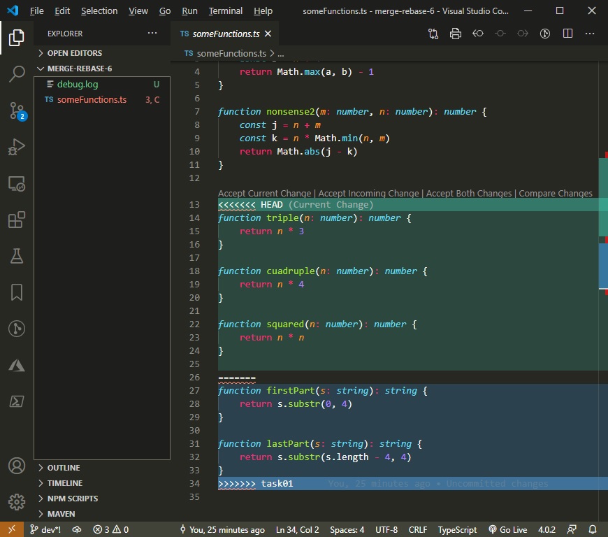 merge con resolución manual - archivo en VSCode