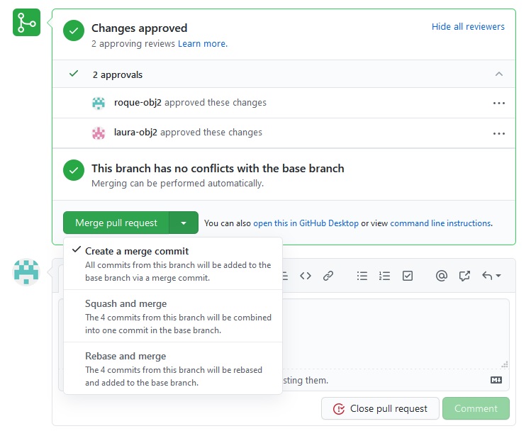 opciones de finalización de un PR